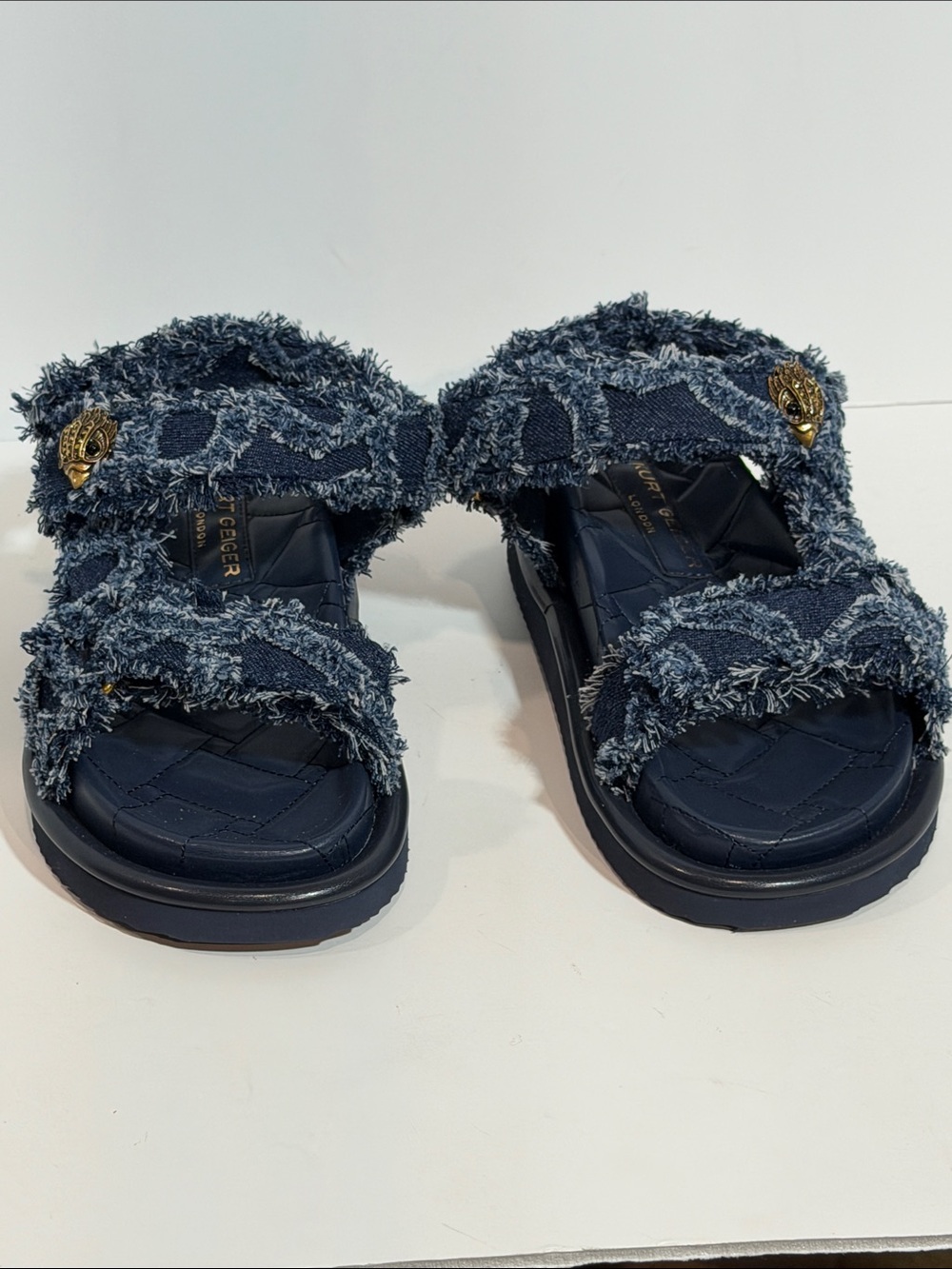 Kurt Geiger London Orson Frayed Navy Denim Eagle Head Quilted Platform Sandals - Picture 4 of 6